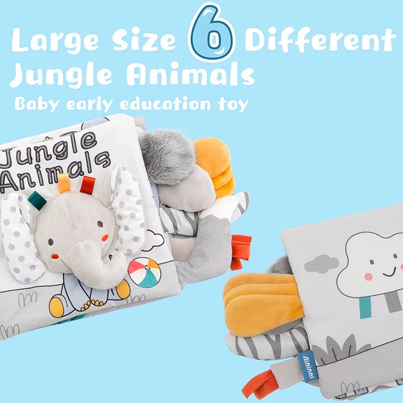 Livre Sensoriel en Tissu pour Bébé 0-12 mois – Contraste Élevé 3D | Éléphant, Lion, Lapin