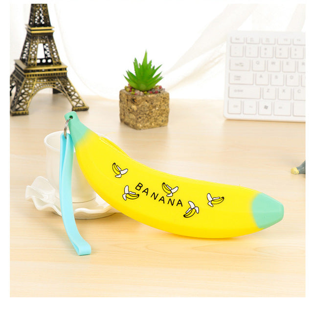 Trousse Kawaii Banane en Silicone Grande Capacité – Motif Cartoon Mignon, Étudiant Fille, 3 Coloris Jaune Bleu Rose