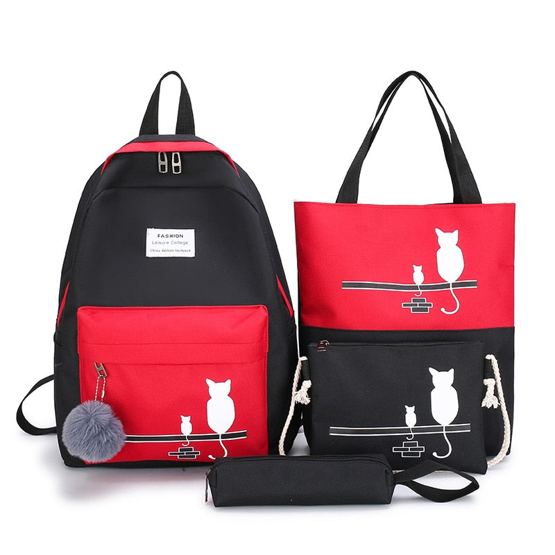 Ensemble 4 Pièces Sac à Dos Canvas Patchwork Motif Chat – Femme, École & Quotidien, Noir, Bleu ou Vert