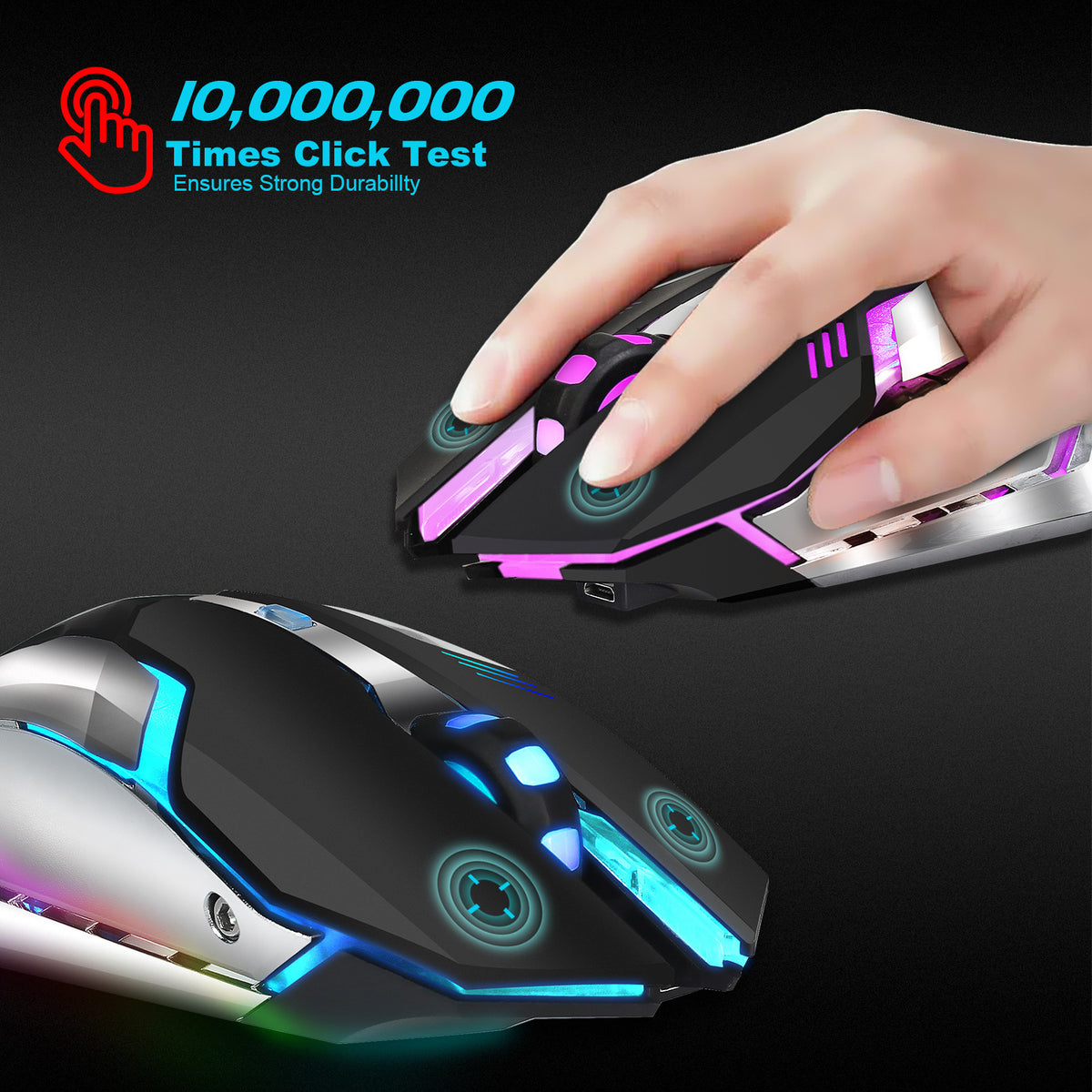 Souris Gaming Sans Fil Rechargeable 2,4 GHz – RGB 7 Couleurs, 6 Boutons, DPI 2400, Batterie 600 mAh, Silencieuse, PC & Mac