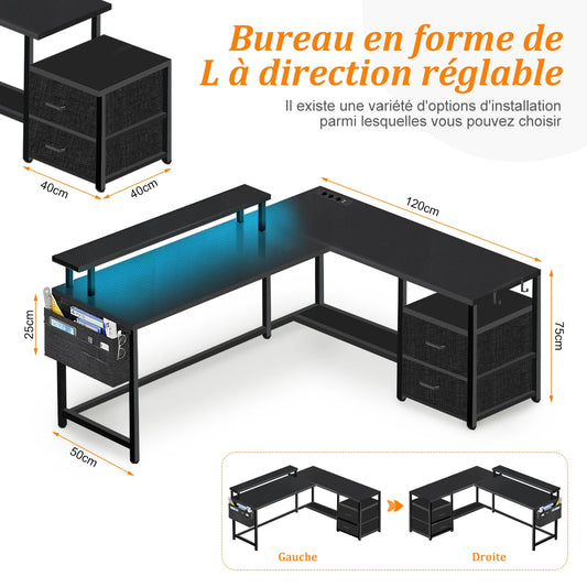 Bureau Gaming en L Mihtrov – LED, Prises USB & Type-C, 2 Tiroirs, 120x120 cm