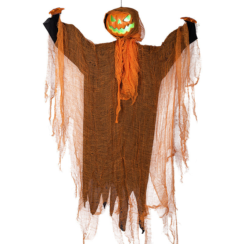 Tête de Citrouille Suspendue Halloween – Lumière Verte Rotative & Son Intégré, 122x92 cm, Déco Cour Porte Jardin