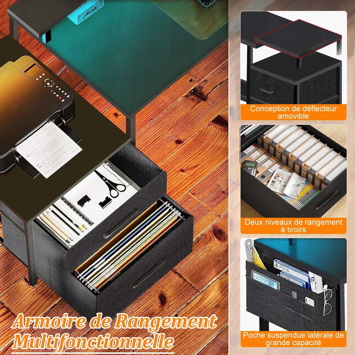 Bureau Gaming en L Mihtrov – LED, Prises USB & Type-C, 2 Tiroirs, 120x120 cm