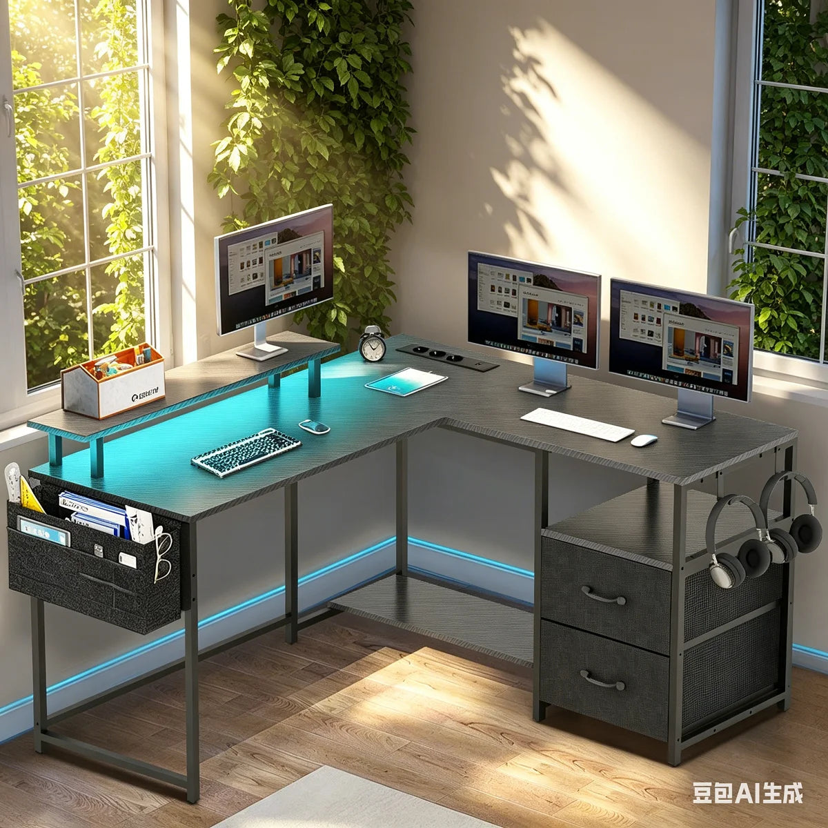 Bureau Gaming en L Mihtrov – LED, Prises USB & Type-C, 2 Tiroirs, 120x120 cm
