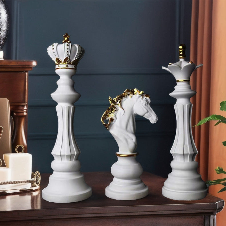 Set 3 Pièces d’Échecs Décoratives en Résine – Roi Reine Cheval, Style Européen, Déco Salon Bureau Cave à Vin, Cadeau