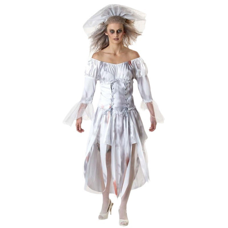 Costume Mariée Fantôme Ensanglantée Halloween – Robe, Voile & Ceinture, Tailles MàXL