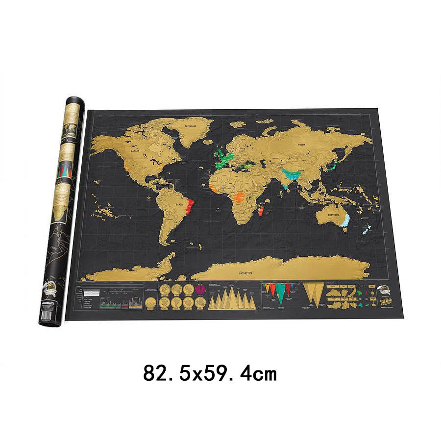 Carte du Monde à Gratter Deluxe – Fond Noir & Feuille Dorée, 82,5×59,4cm, Cadeau Voyageur