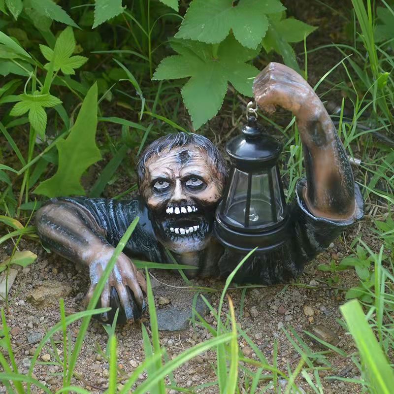 Lanterne Zombie Rampant Halloween LED – Statue Résine 14,5x10x19 cm, Éclairage À Piles ou Solaire, Déco Extérieur