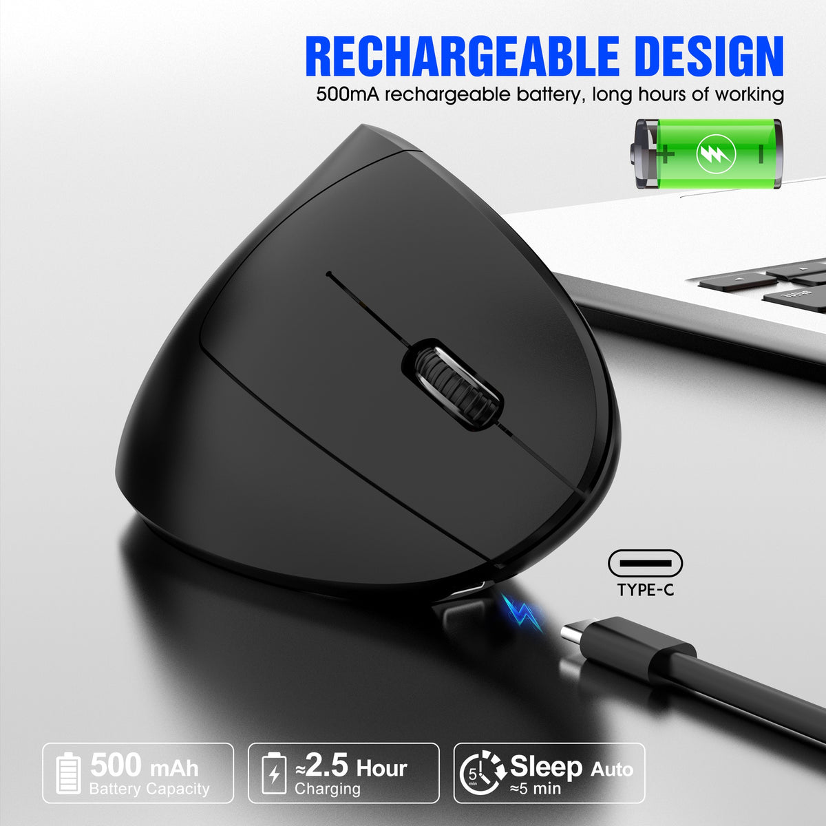 Souris Verticale Sans Fil Ergonomique 2,4 GHz – Récepteur USB, Prévention TMS, 3 Coloris Blanc Rose Noir, PC & Mac