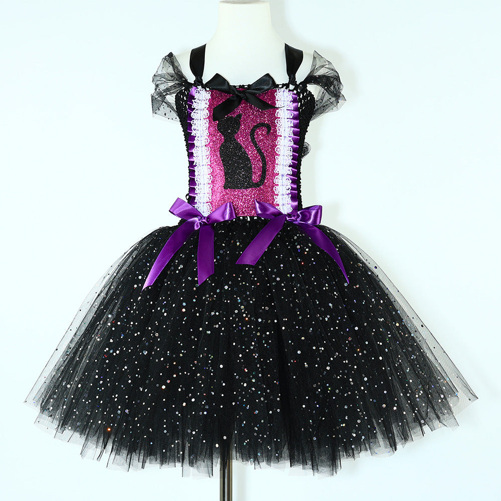 Robe Tutu Chat Noir Paillettes Enfant – Déguisement Fille Halloween & Carnaval, Tulle, 12 Mois à 12 Ans