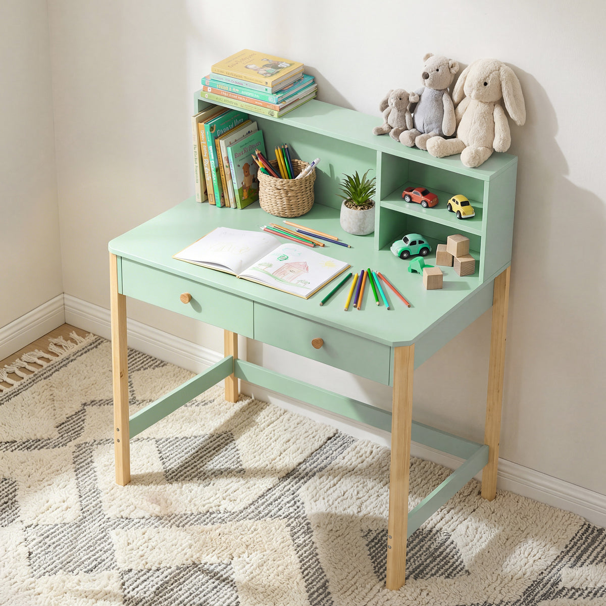 Bureau Enfant en Bois – 2 Tiroirs & 3 Compartiments, Plateau 90x37cm, MDF & Pin, Vert, 5-12 Ans, Norme EN71