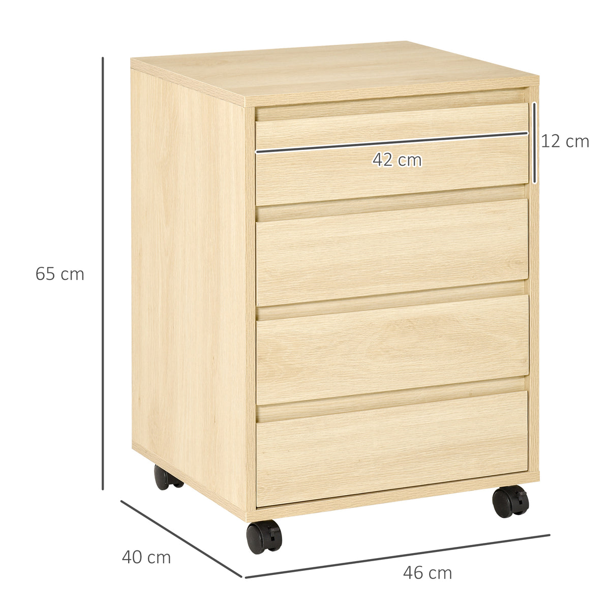 Caisson de Bureau sur Roulettes – 4 Tiroirs Coulissants, MDF Bois Naturel, Anti-Basculement, 46x40x65cm, Home Office