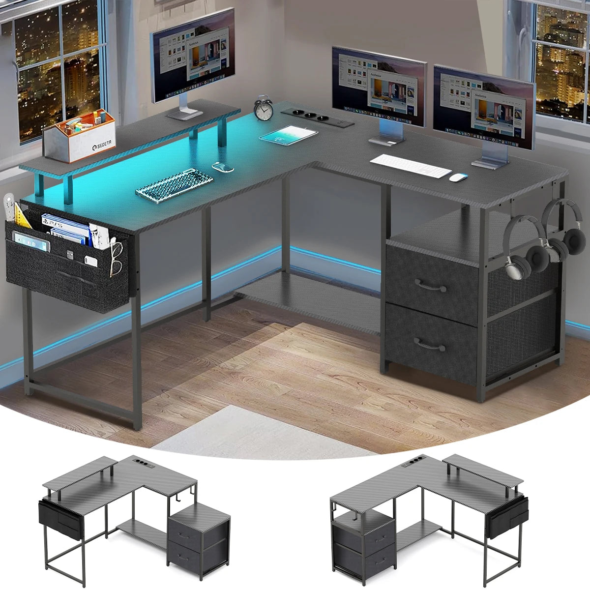 Bureau Gaming en L Mihtrov – LED, Prises USB & Type-C, 2 Tiroirs, 120x120 cm