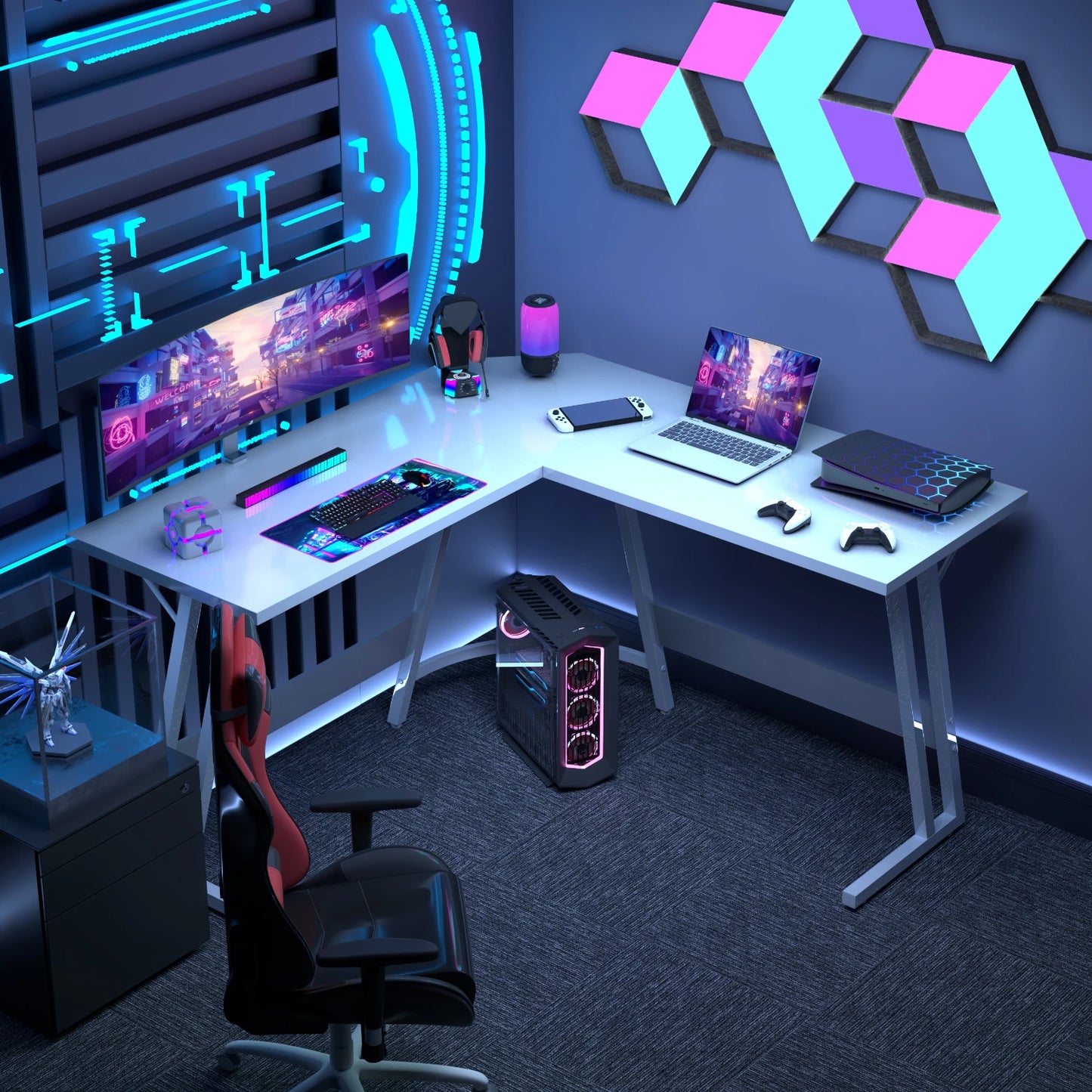 Bureau Gaming d’Angle Devoko 130x130cm – Bureau PC en L, Tablette Moniteur, Blanc