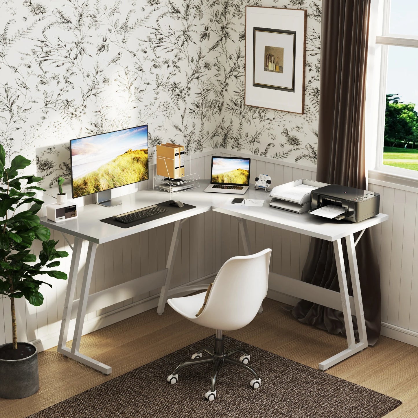 Bureau Gaming d’Angle Devoko 130x130cm – Bureau PC en L, Tablette Moniteur, Blanc