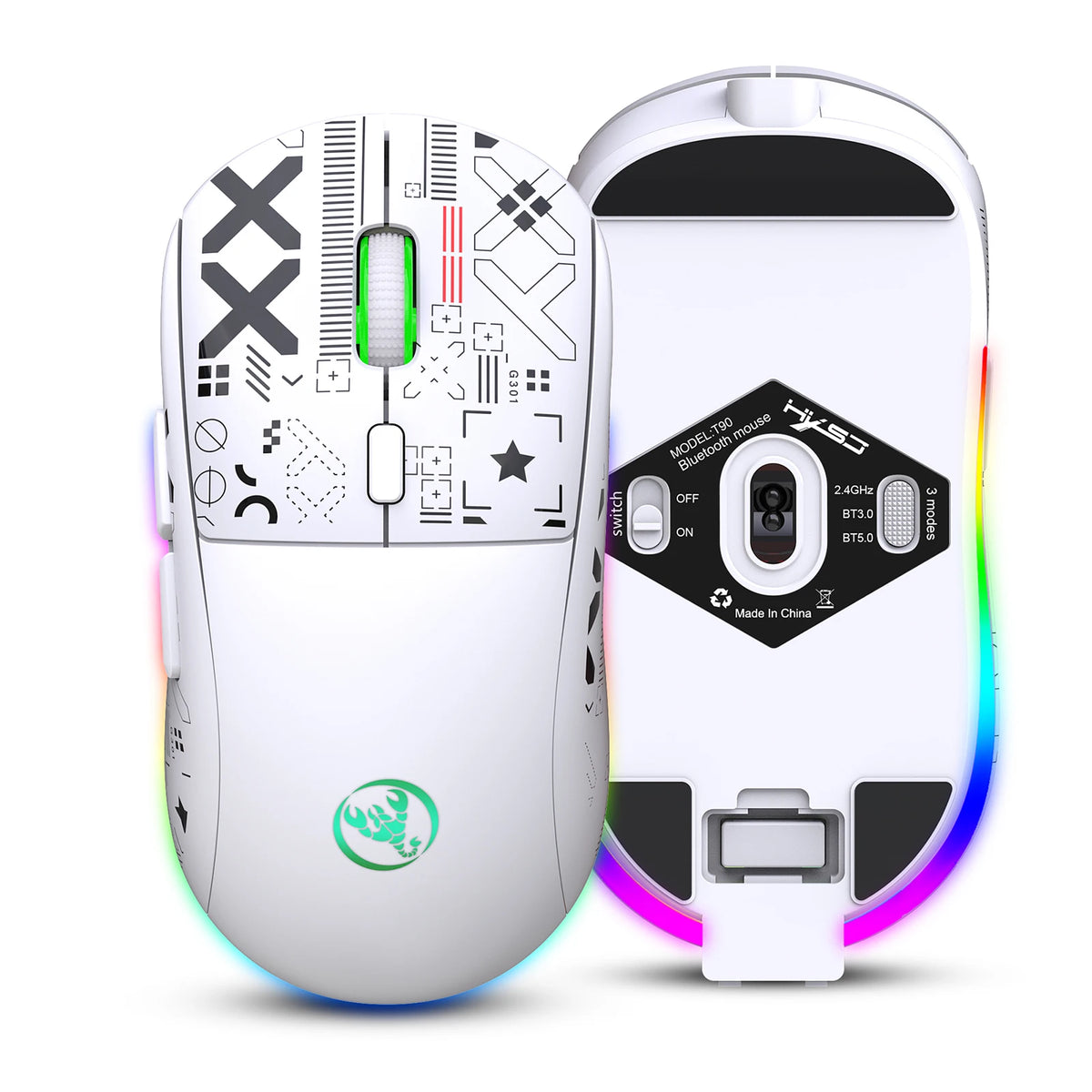 Souris Gaming Sans Fil HXSJ T90 – 3 Modes (2.4G/BT), RGB 12 Modes, 3600 DPI, Rechargeable 750mAh, Blanc ou Noir