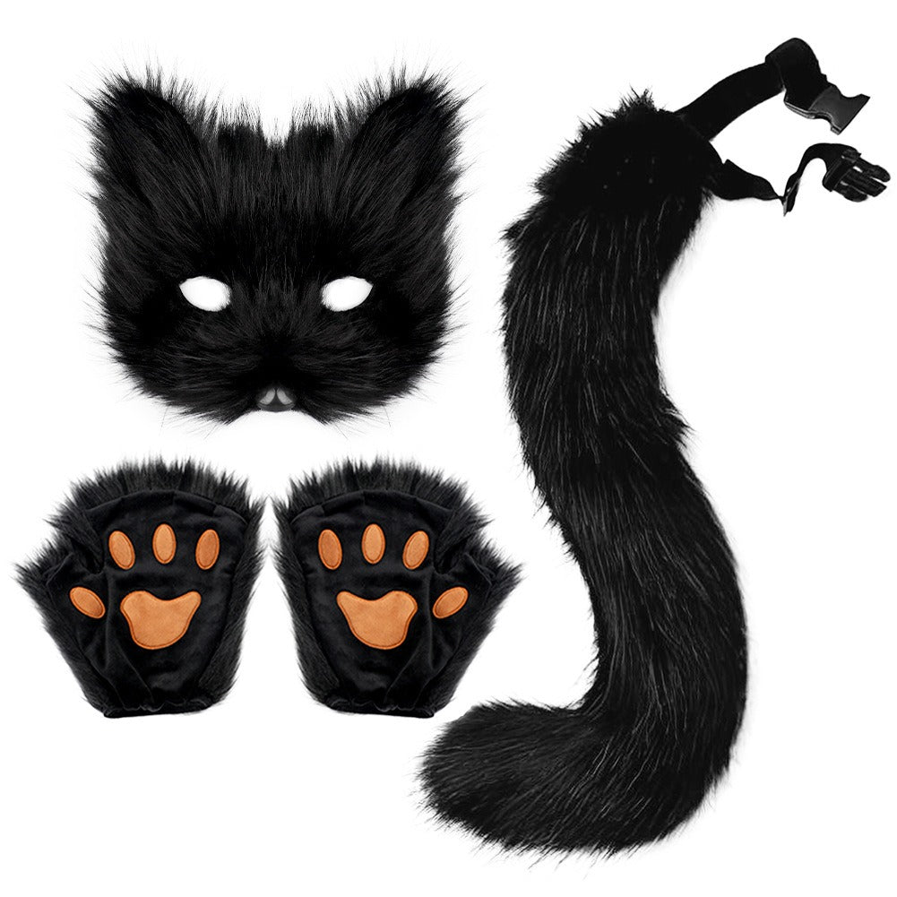 Set Renard Peluche Halloween – Masque + Gants + Queue Touffue, Cosplay Animal Fait Main, 4 Coloris, Lot de 3