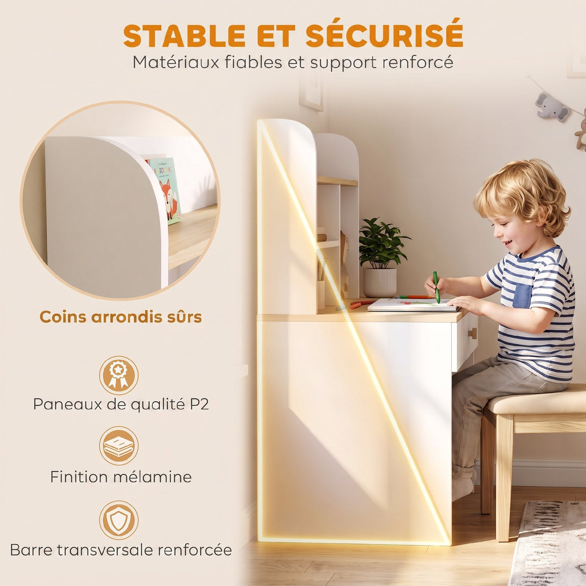 Bureau Enfant Blanc Effet Bois – Tiroir & Étagères Ouvertes, Plateau 80x48cm, MDF Mélaminé, 3-8 Ans, Norme EN71