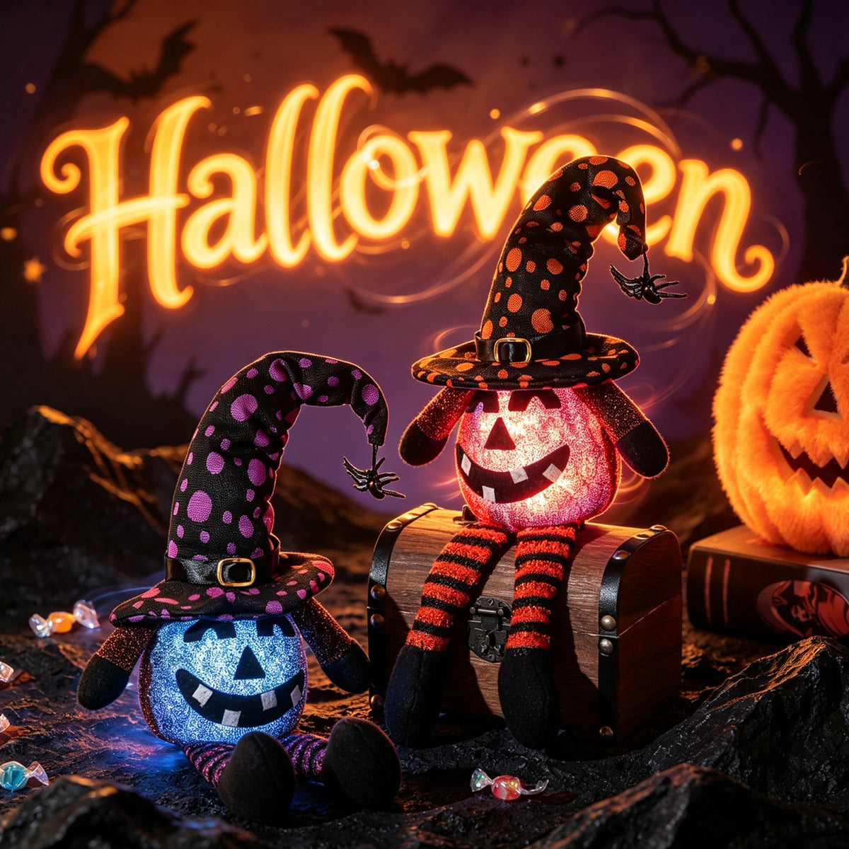 Housse Bouteille Halloween Sorcière Jambes – Chapeau Sorcier en Tissu, Déco Table Champagne & Vin, Orange ou Violet