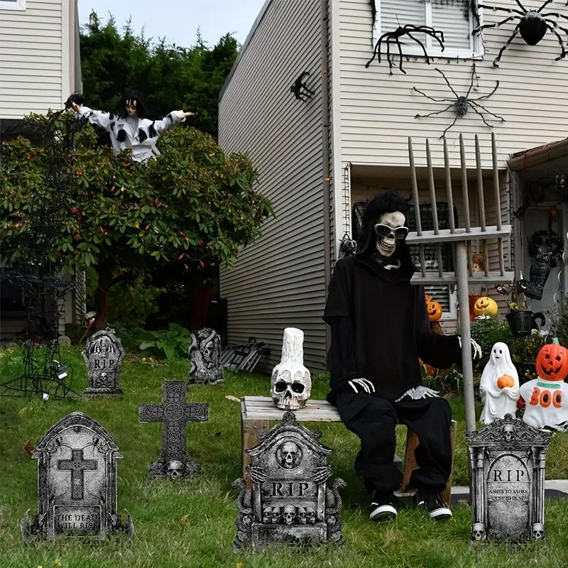 Pierres Tombales Décoratives Halloween Jardin – Têtes de Mort Effrayantes, Panneaux Pelouse avec Piquets, 3 Modèles