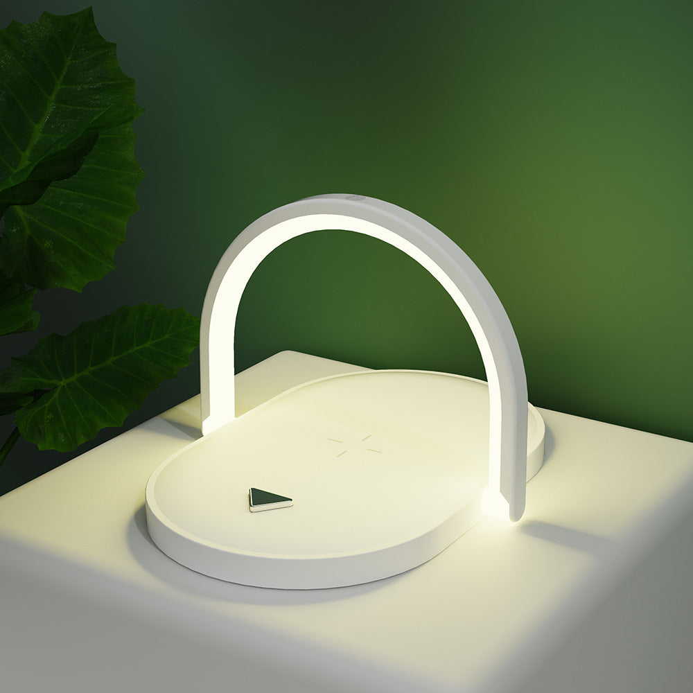 Chargeur Sans Fil 15W Rapide 3-en-1 – Lampe de Nuit LED Tactile + Support Téléphone Réglable, USB-C, Noir Blanc Bois