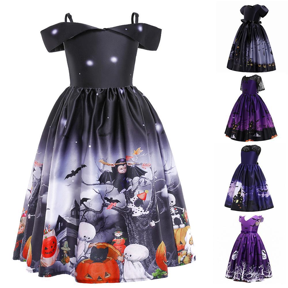 Robe Déguisement Halloween Fille – Style Princesse avec Dentelle, 3 Coloris Noir Violet Bleu Nuit, Tailles 120–140cm, Fête Carnaval