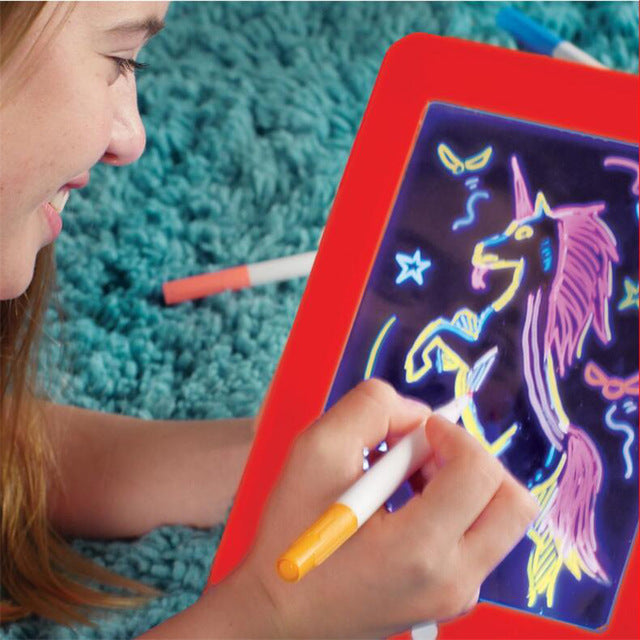 Tablette Lumineuse Magique Dessin Enfant – Plateau LED Fluorescent Graffiti 3D, Créatif Éducatif +3 Ans, Rouge ou Bleu