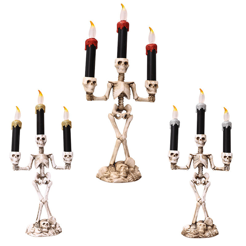 Bougeoir Squelette Halloween avec Bougie LED – Lanterne Citrouille Crâne Déco, 3 Coloris : Doré, Argent, Rouge