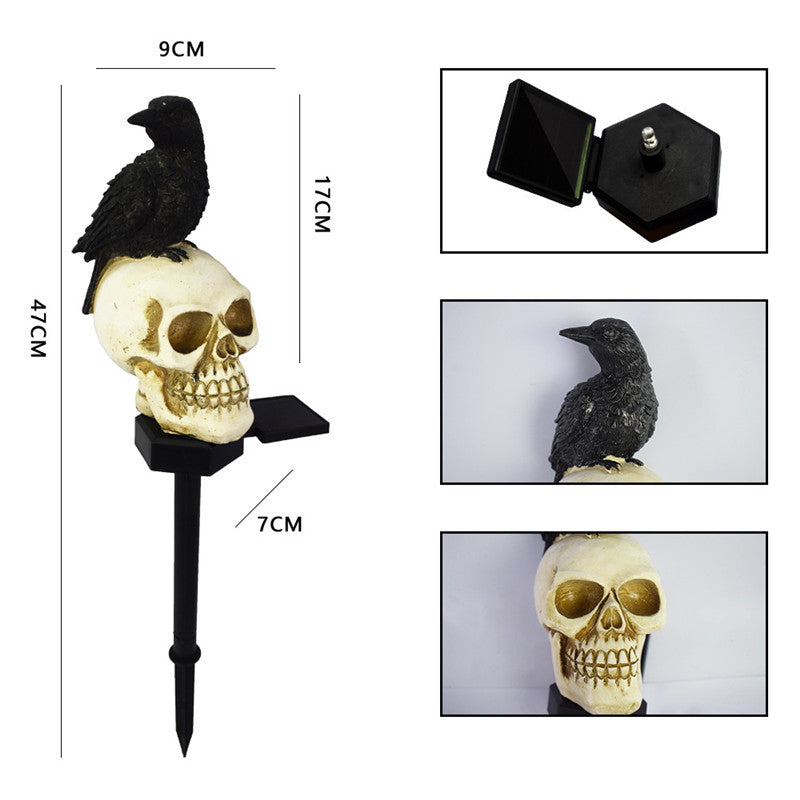 Lampe Solaire Jardin Halloween Corbeau & Crâne LED – Piquet Lumineux Étanche IP55, 47 cm, Déco Extérieur Ambiance Nuit