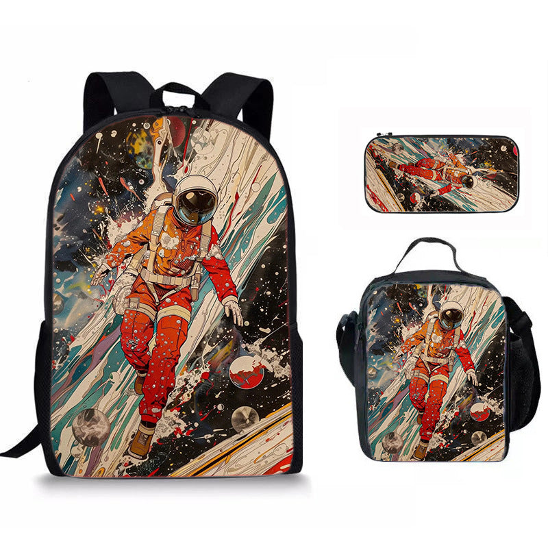 Set 3 Pièces Sac à Dos Scolaire Style Astronaute & Espace – Sac À Dos + Sac Repas + Trousse, Tissu Oxford, 6 Coloris, Enfant Ado Unisexe