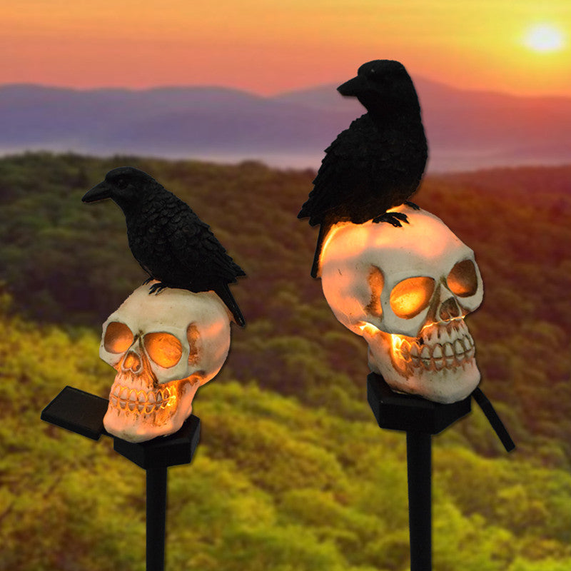 Lampe Solaire Jardin Halloween Corbeau & Crâne LED – Piquet Lumineux Étanche IP55, 47 cm, Déco Extérieur Ambiance Nuit