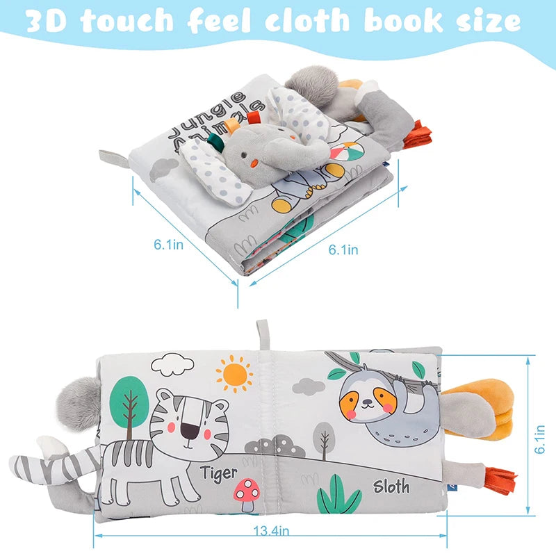 Livre Sensoriel en Tissu pour Bébé 0-12 mois – Contraste Élevé 3D | Éléphant, Lion, Lapin
