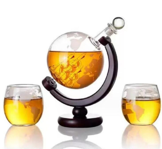 Carafe Globe en Verre Soufflé 800-900ml + Support Bois Ovale – Carafe À Vin & Whisky, Cadeau Premium Table