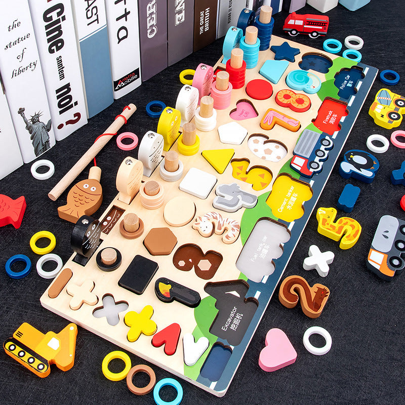 Plateau Éducatif 7-en-1 en Bois – Chiffres, Lettres, Formes, Couleurs, Animaux, Véhicules & Jeu de Pêche, Dès 3 Ans, Cadeau Enfant