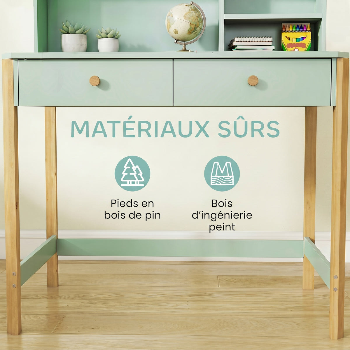 Bureau Enfant en Bois – 2 Tiroirs & 3 Compartiments, Plateau 90x37cm, MDF & Pin, Vert, 5-12 Ans, Norme EN71