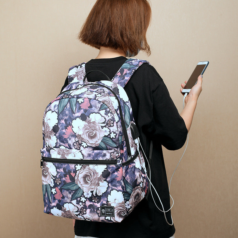 Sac à Dos Oxford Motif Pivoine – Grande Capacité 20-35L, Port USB, Lot de 2, Violet