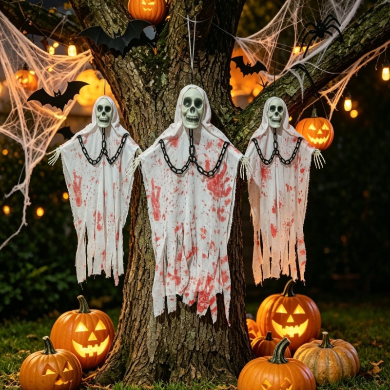 Fantôme Suspendu Halloween – Tissu Soie Pliable, Chaîne Squelette, Déco Porte Maison Hantée, Blanc ou Taché de Sang