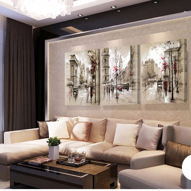 Tableau Toile Canvas Ville & Rue – Triptyque Moderne Salon, Impression Haute Qualité, 70×90cm Sans Cadre
