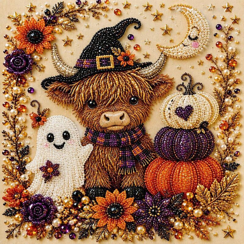 Kit Peinture Diamant Halloween – Tableau DIY 20x20cm, 5 Motifs (Citrouille, Crâne, Sorcière…), Décoration Murale