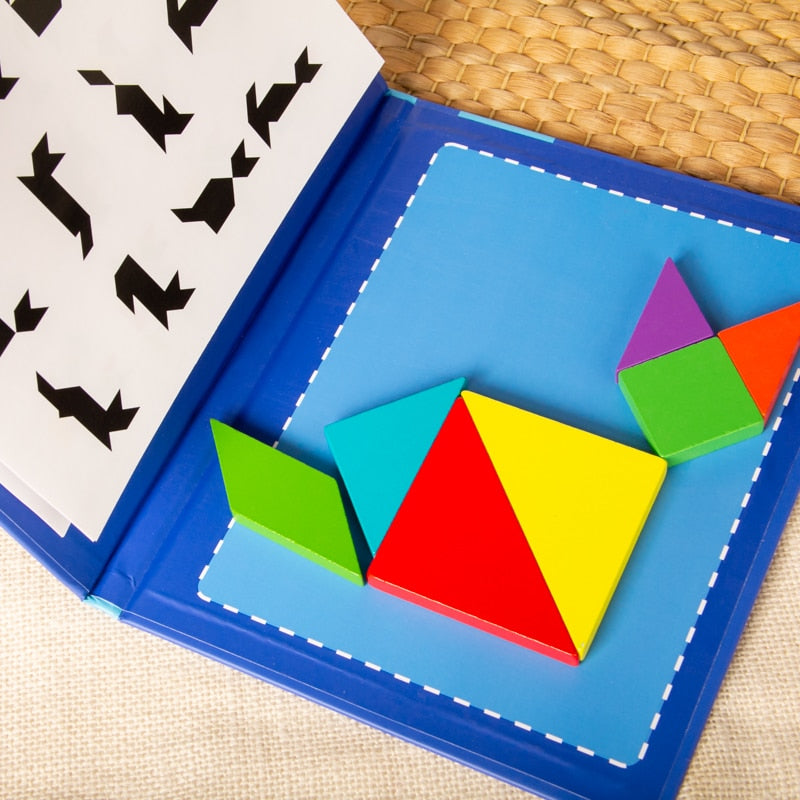 Tangram Magnétique avec Livre de Modèles – Puzzle Bois Portable, Éveil Préscolaire, Logique & Géométrie, Dès 3 Ans, Cadeau Enfant