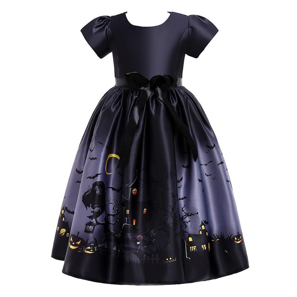 Robe Déguisement Halloween Fille – Style Princesse avec Dentelle, 3 Coloris Noir Violet Bleu Nuit, Tailles 120–140cm, Fête Carnaval