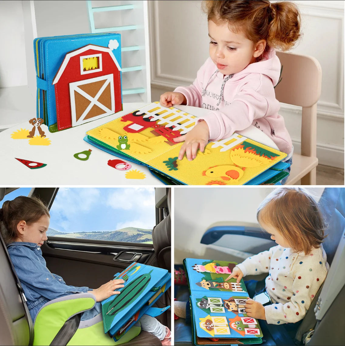 Livre Sensoriel en Feutrine Montessori – Busy Book Activités, Thème Lettres ou Ferme Animaux, Éveil & Storytelling, Cadeau Bébé Enfant