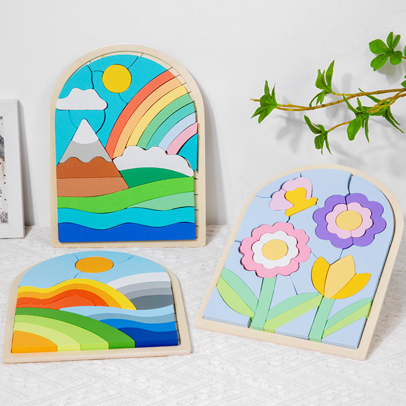 Puzzle 3D en Bois Enfant – Motif Arc-en-ciel Soleil ou Fleurs, Association Animaux, Éveil & Concentration, Cadeau Dès 3 Ans