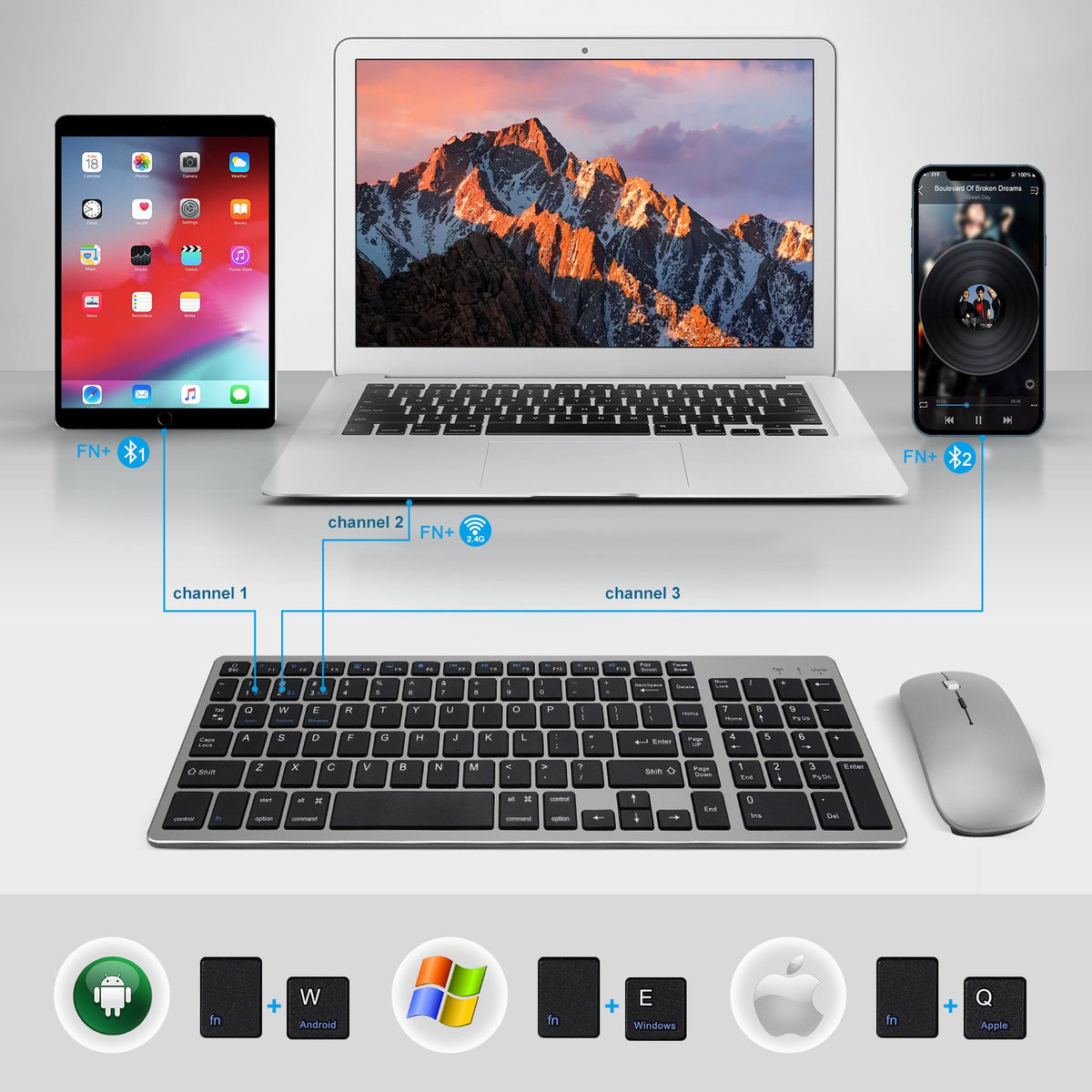 Pack Clavier + Souris Sans Fil Bluetooth & USB Rechargeable – Touches Silencieuses, Pavé Numérique, Compatible iPad PC Mac, 2 Coloris