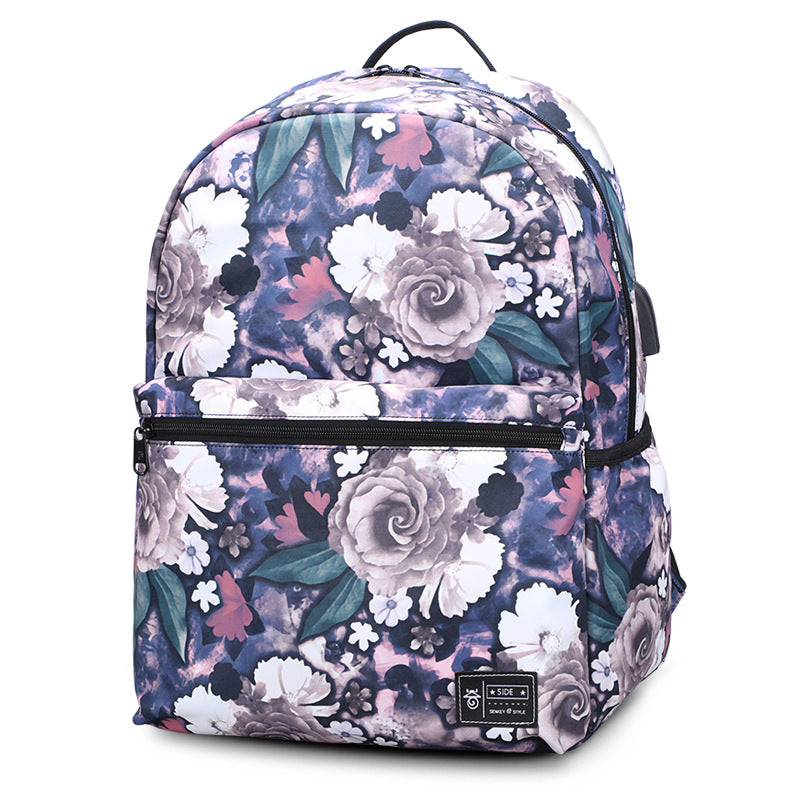 Sac à Dos Oxford Motif Pivoine – Grande Capacité 20-35L, Port USB, Lot de 2, Violet