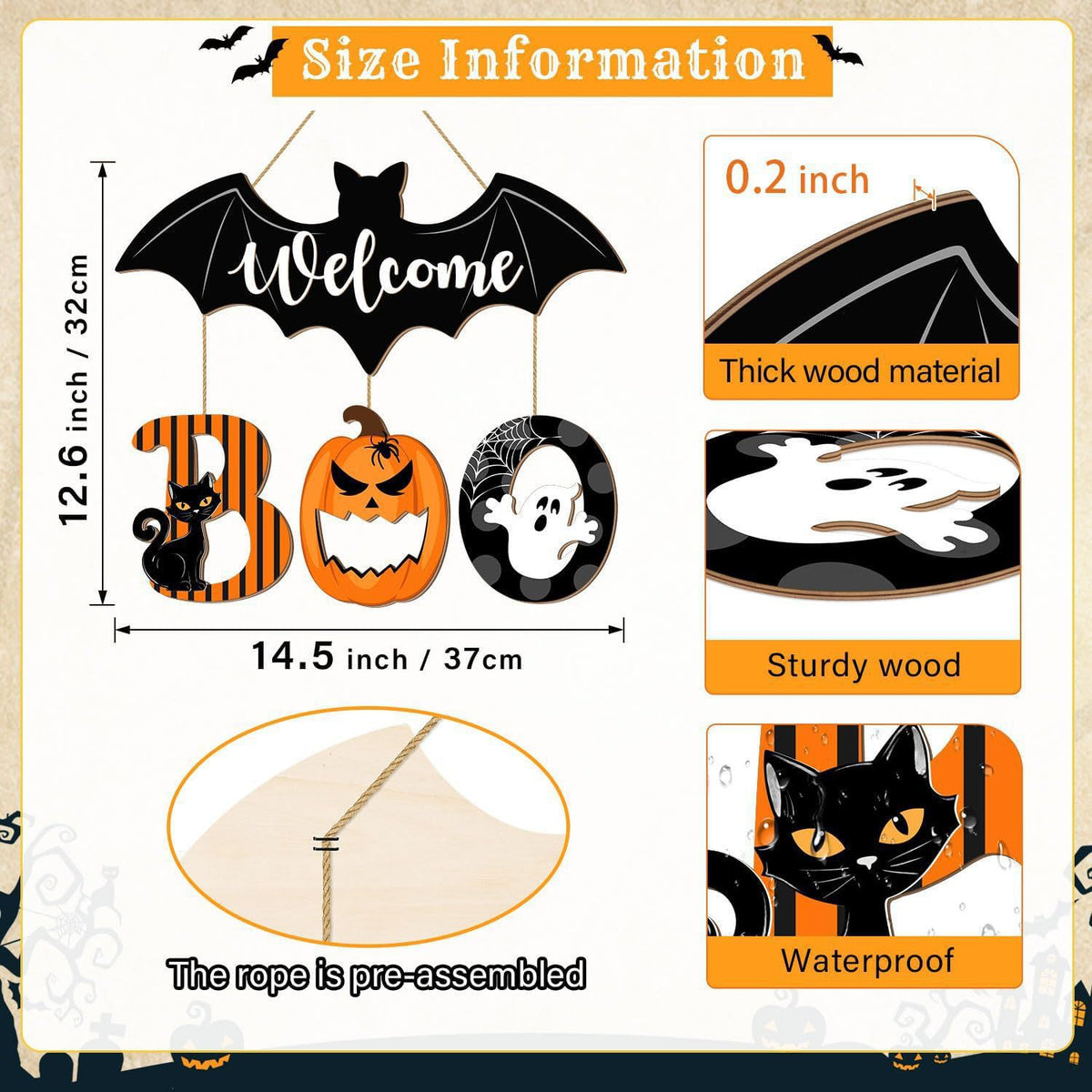 Panneau Porte Bois Halloween « BOO » – Plaque Décorative Fantômes & Chauves-Souris à Suspendre, Noir, Déco Entrée Maison