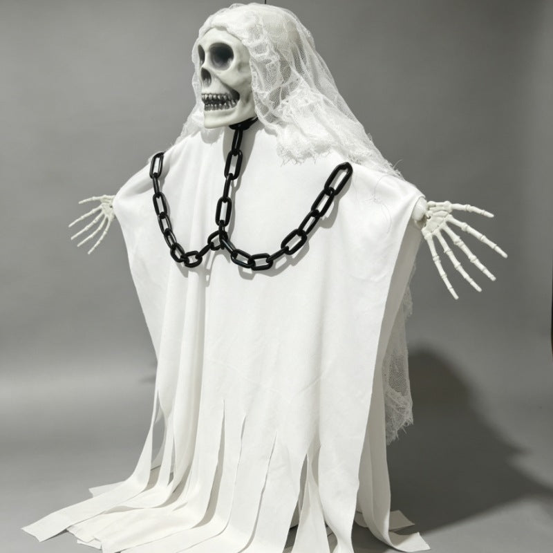 Fantôme Suspendu Halloween – Tissu Soie Pliable, Chaîne Squelette, Déco Porte Maison Hantée, Blanc ou Taché de Sang