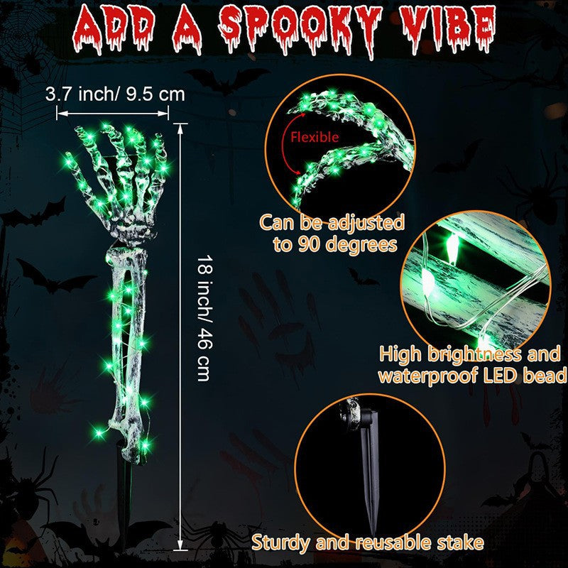 Main Squelette LED Lumineuse Halloween – Piquet de Jardin 46 cm, Set 3 Pièces, Déco Extérieur Pelouse Allée