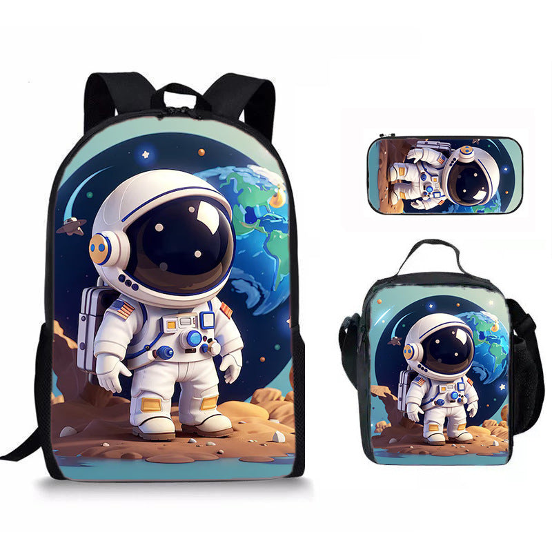 Set 3 Pièces Sac à Dos Scolaire Style Astronaute & Espace – Sac À Dos + Sac Repas + Trousse, Tissu Oxford, 6 Coloris, Enfant Ado Unisexe