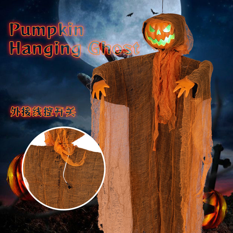 Tête de Citrouille Suspendue Halloween – Lumière Verte Rotative & Son Intégré, 122x92 cm, Déco Cour Porte Jardin